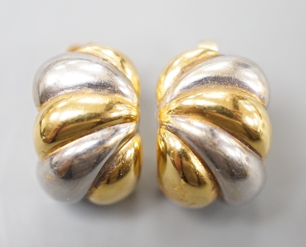 A modern pair of two colour 750 yellow metal demi lune earrings 15mm, 2.8 grams.